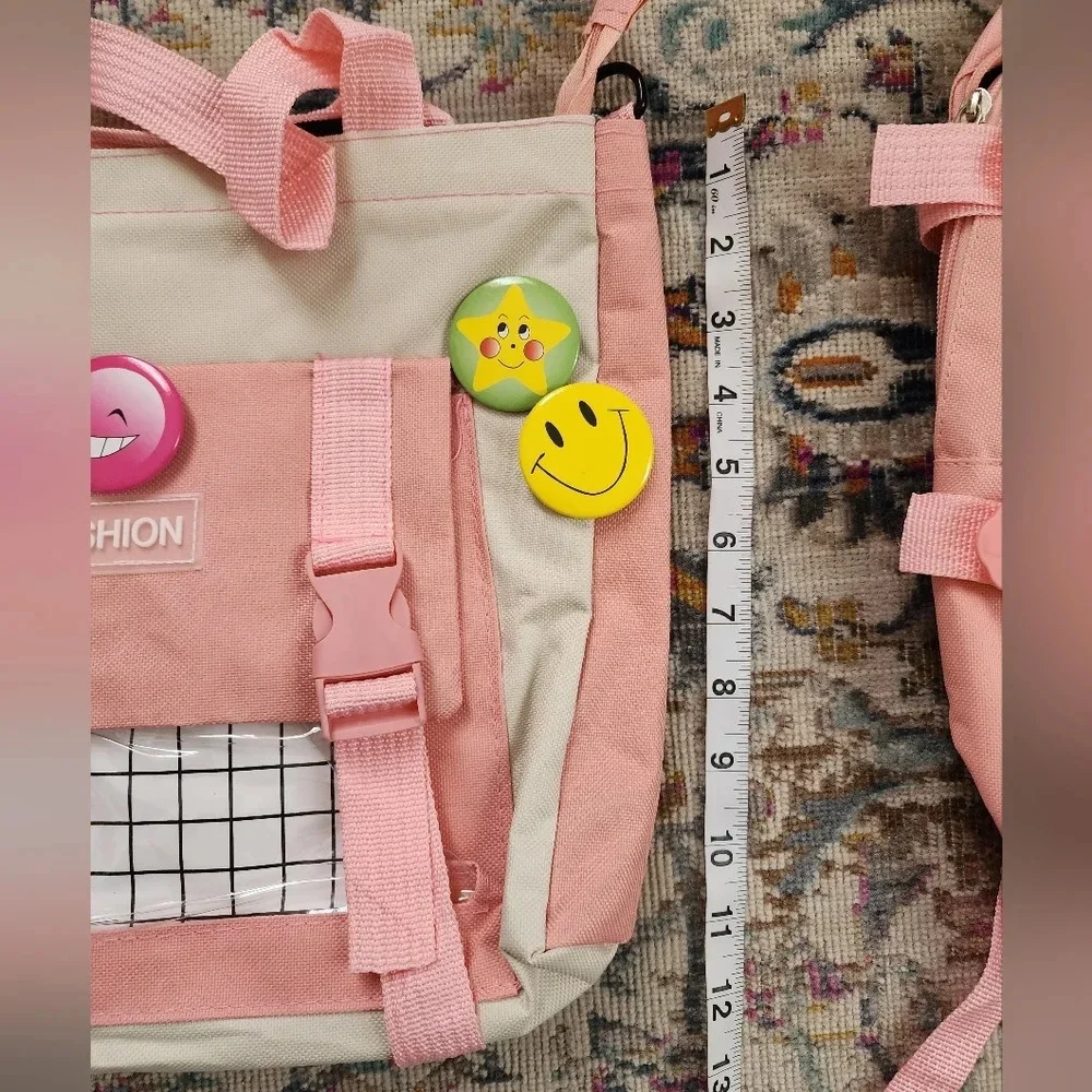 Pink Kawaii Backpack Pin Decor Multi Pocket School Bag OS